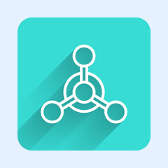 White line Molecule icon isolated with long shadow. Structure of molecules in chemistry, science teachers innovative educational poster. Green square button. Vector