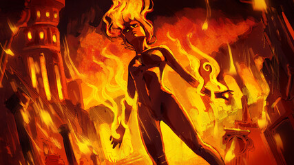 The fire elemental girl stands majestically against the backdrop of a burned-out fantasy city, her entire body, arms, and hair burning in sinuous flames, a tilted composition . 2d illustration.