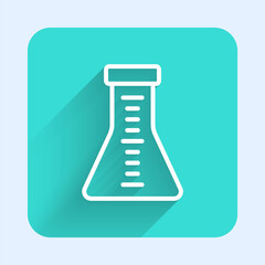 White line Test tube and flask chemical laboratory test icon isolated with long shadow. Laboratory glassware sign. Green square button. Vector