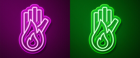 Fototapeta na wymiar Glowing neon line No fire icon isolated on purple and green background. Fire prohibition and forbidden. Vector