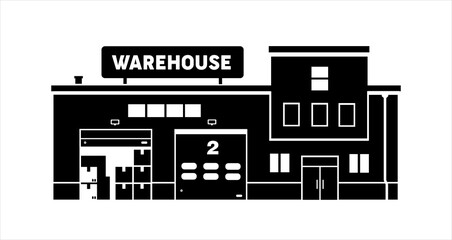 Warehouse building with boxes. Black and white icon. Logistics and delivery. Flat vector illustration.