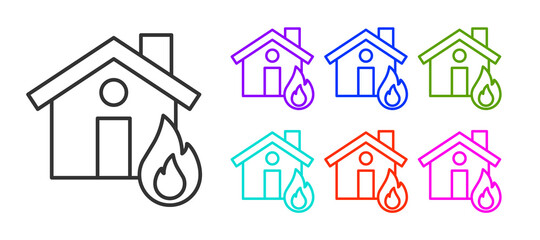 Black line Fire in burning house icon isolated on white background. Set icons colorful. Vector