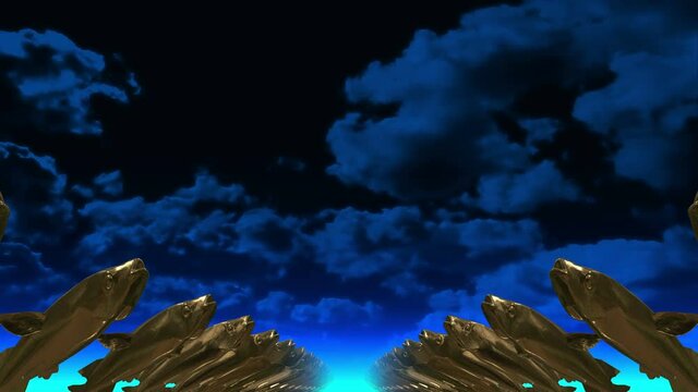 Gold fish. 3D. Sculptures in rows in perspective against a blue sky.
