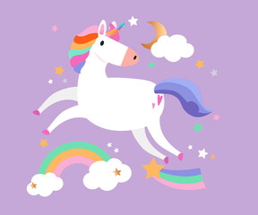 Unicorn with magical elements Clouds Stars Crescent Moon Rainbow Flat Colors Illustration on Purple background