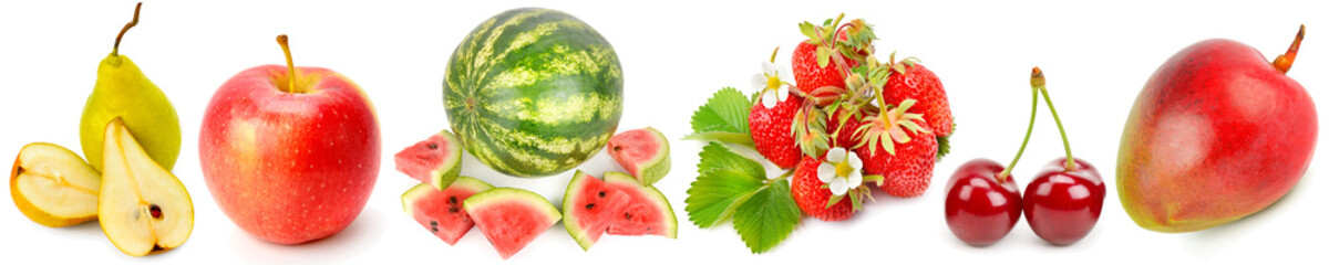 Pear, apple, watermelon, strawberry, cherry, mango isolated on white. Collage. Wide photo.