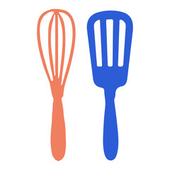 Wire Whisk & Spatula utensil On White Background Flat Illustration Graphic simple symbol closeup