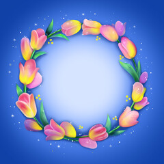 Floral wreath of tulips on a blue background.