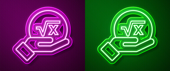 Glowing neon line Square root of x glyph icon isolated on purple and green background. Mathematical expression. Vector