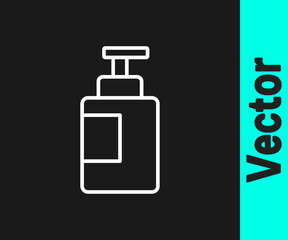White line Hand sanitizer bottle icon isolated on black background. Disinfection concept. Washing gel. Alcohol bottle for hygiene. Vector