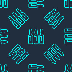 Green line Medical vial, ampoule, bottle icon isolated seamless pattern on blue background. Vaccination, injection, vaccine healthcare concept. Vector