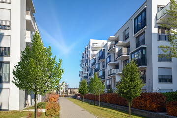 Cityscape of a residential area with modern apartment buildings, new green urban landscape in the city