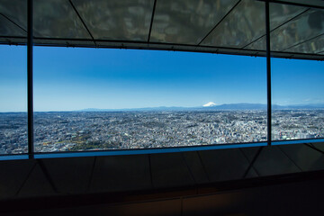 横浜ランドマークタワーから見た富士山と横浜の街並み