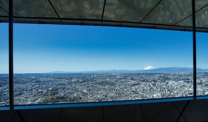 横浜ランドマークタワーから見た富士山と横浜の街並み