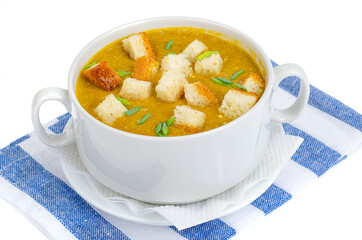 Soup puree from vegetables with breadcrumbs, healthy food.