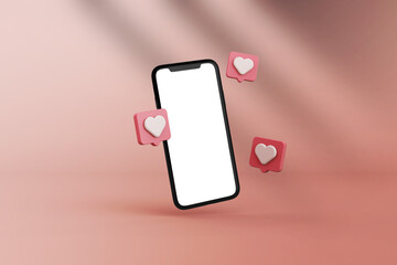 Social Media post template on mobile mockup with love and like 3d icon