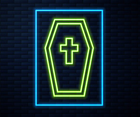 Glowing neon line Coffin with christian cross icon isolated on brick wall background. Happy Halloween party. Vector