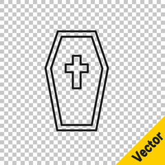 Black line Coffin with christian cross icon isolated on transparent background. Happy Halloween party. Vector