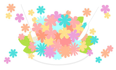 カラフルな小花をお皿に盛ったイラスト｜Illustration of colorful florets on a plate