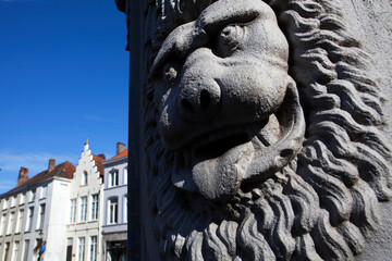 Lion statue in the city of Bruges, an Unesco World Heritage Site in Flanders, Belgium, Europe