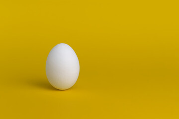 A white egg on a yellow background. The concept of minimalism. Side view. A card with a copy of the place for the text.