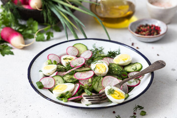 Spring salad with fresh cucumber, radishes, herbs,  lemon in bowl . Concept of healthy eating.  Food for vegetarians.