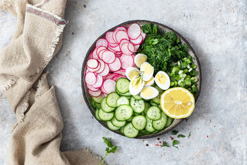 Spring salad with fresh cucumber, radishes, herbs,  lemon in bowl . Concept of healthy eating.  Food for vegetarians.