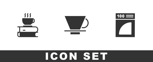 Set Coffee cup and book, V60 coffee maker and paper filter icon. Vector