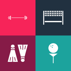 Set pop art Golf ball on tee, Rubber flippers for swimming, Ribbon finishing line and Barbell icon. Vector