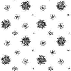 Seamless pattern with black and white plumeria, allamanda, clerodendrum, champak, etlingera, ixora