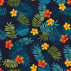 Naklejka na ściany i meble Tropical Summer seamless pattern with monstera leaves and hibiscus flowers. Bright jungle seamless background. Vivid optimistic juicy colors. Repeat pattern backdrop. Editable vector, clipping mask