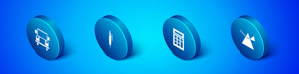 Set Isometric School Bus, Calculator, Light rays in prism and Pen icon. Vector