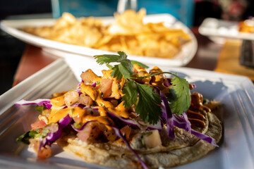 close up view of traditional Mexican salsa presented in a elegant manner at a local Hispanic restaurant.  the dipping sauce is brightly colored and full of flavor. 