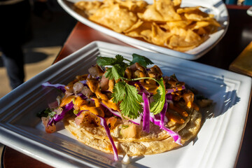 close up view of traditional homemade Mexican cuisine chicken pork tacos covered in delicious garnish and mixed vegetables. the gourmet meal is cooked to perfection and slightly spicy