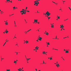 Set Medieval flag, Windmill, Garden pitchfork and Trumpet with on seamless pattern. Vector