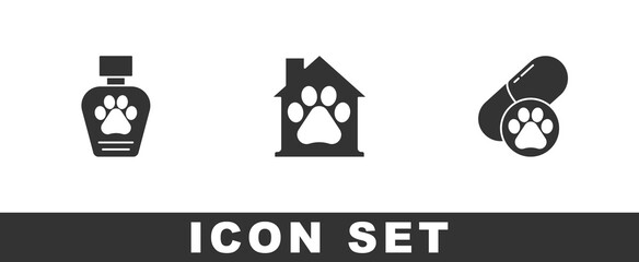 Set Pet shampoo, house and Dog pill icon. Vector