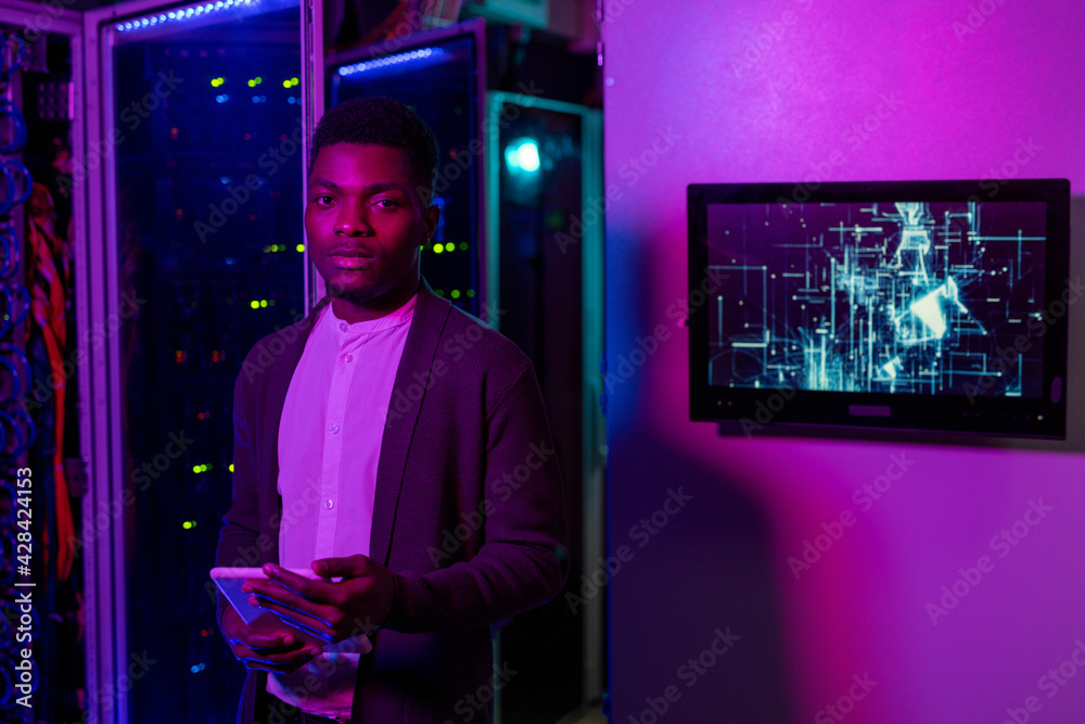 Poster IT engineer working with supercomputer