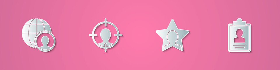 Set paper cut Globe and people, Head hunting, and Clipboard with resume icon. Paper art style. Vector