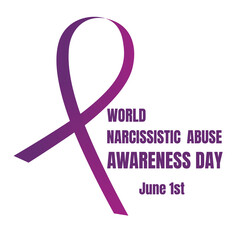 Card purple ribbon and textWorld Narcissistic Abuse Awareness Day isolated on white background. An event for people affected by narcissistic violence and to prevent further victims.