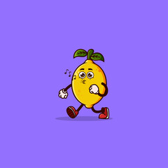 Cute Lemon character Walking and whistle. Fruit character icon concept isolated. Emoji Sticker. flat cartoon style Vector