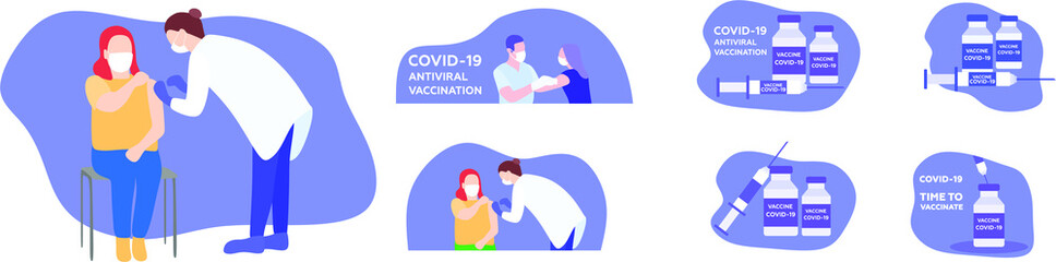 Mega set of covid vaccination and vaccine concept illustration. The doctor vaccinates the patient against coronavirus. Vaccination vial and syringe. Set of posters, web, banners, print