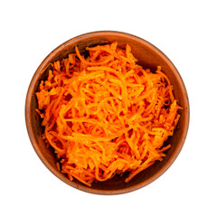 Spicy pickled carrots in bowl on white plate.