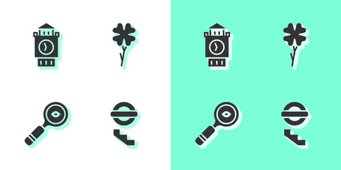 Set London underground, Big Ben tower, Magnifying glass and Four leaf clover icon. Vector