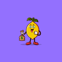 Cute Lemon character with money eyes and holding money bag. Fruit character icon concept isolated. Emoji Sticker. flat cartoon style Vector