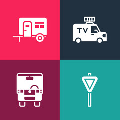 Set pop art Road traffic signpost, Bus, TV News car and Rv Camping trailer icon. Vector