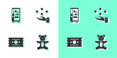 Set Teddy bear plush toy, Vending machine, Ticket and Juggling ball icon. Vector