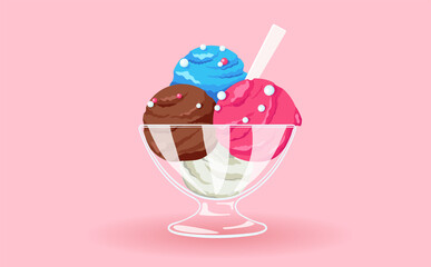 three balls of ice cream in a transparent bowl on a pink background. Isolated item. Pink, blue and chocolate ice cream