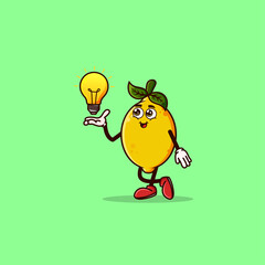 Cute Lemon character with light bulb Idea on hand. Fruit character icon concept isolated. Emoji Sticker. flat cartoon style Vector