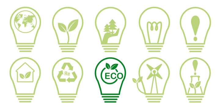 Ecology idea concept illustration. Set of Ecology icons. Eco ideas, Eco energy, Sustainable ideas. Vector illustration. エコロジーアイデア、デコアイコンセット