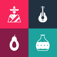 Set pop art Tequila bottle, Avocado, Mexican guitar and man sombrero icon. Vector