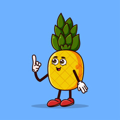 Cute pineapple character with happy face and Gesture pointing up. Fruit character icon concept isolated. Emoji Sticker. flat cartoon style Vector